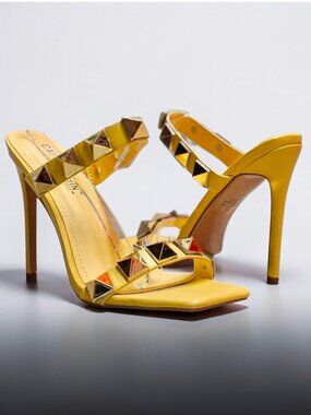 Yellow Studded High Heel Sandals With Straps & Square Toe Design For Women